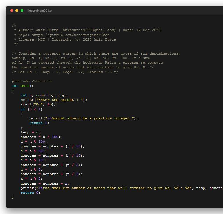 Consider a currency system in which there are notes of six denominations, namely, Rs. 1, Rs. 2, rs. 5, Rs. 10, Rs. 50, Rs. 100. If a sum of Rs. N is entered through the keyboard, Write a program to compute the smallest number of notes that will combine to give Rs. N.